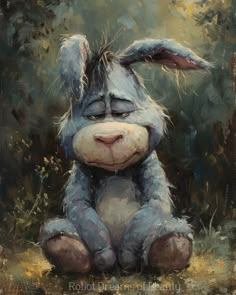 a painting of a rabbit sitting on the ground with its eyes closed and ears wide open