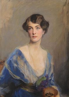 an oil painting of a woman in blue dress holding a brown dog and looking at the camera