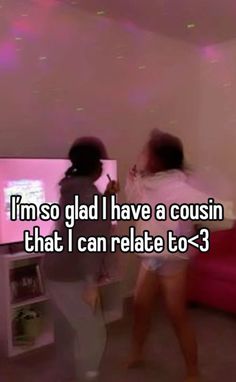 two women standing in front of a tv with the words i'm so glad i have