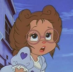 a cartoon character with glasses and a heart on her shirt, holding a teddy bear