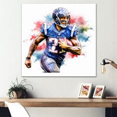 a watercolor painting of a football player running with the ball in his right hand