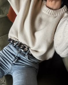 Fashion People Are Suddenly Wearing Studded Belts With Jeans | Who What Wear Black Studded Belt Outfit, Khaite Benny Belt, Khaite Benny Belt Outfit, How To Style A Belt, Stud Belt Outfit, Jeans And Belt Outfit, Vintage Belt Outfit, Studded Belt Outfit, Closet Capsule