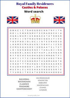 the royal family residence word search is shown in red, white and blue with an image of