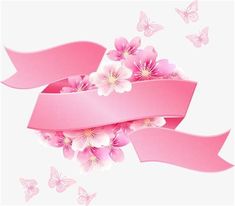 a pink ribbon with flowers and butterflies around it