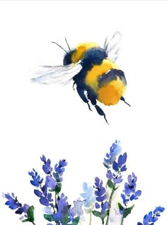 a painting of a bum flying over blue flowers