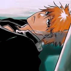 an anime character with orange hair and black shirt laying on his back in the water