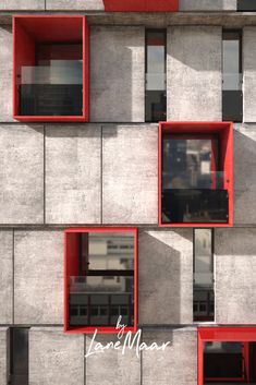 the facade of a building with red windows