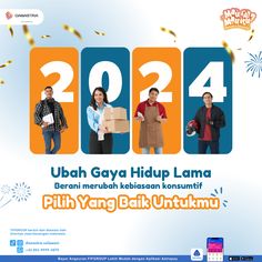 an advertisement for the new year with people holding boxes