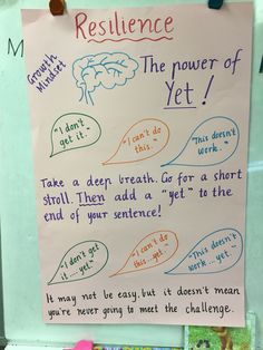 a bulletin board with writing on it that says resilince the power of yet