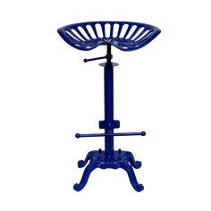 a blue stool sitting on top of a metal stand