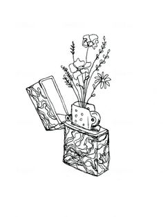 a vase with flowers and cheese in it on a white background, drawn by hand