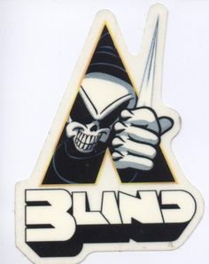 a sticker with a skull holding a knife in it's right hand and the word blnp on it