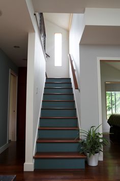 a staircase leading up to a bedroom in a house with blue walls and wood floors