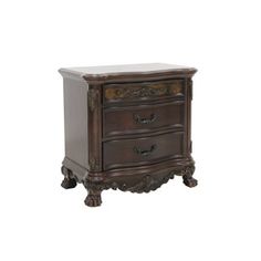 an ornate wooden nightstand with two drawers