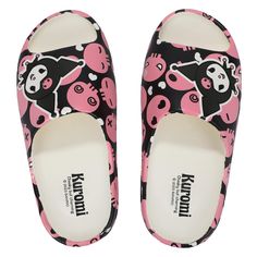 PRICES MAY VARY. CUSTOM DESIGN: An image of Kuromi's head surrounded by multiple images of the character's pink skull logo decorates these slides. Fans of the Kuromi anime series will love to celebrate their favorite characters with this fun design. SHOE SIZE: These Kuromi slides fit a women's small shoe size of 7.5- 240 mm, a medium size of 8.5- 250 mm, a large size of 9.5- 260 mm, and an XD size of 10.5- 270 mm. OFFICIALLY LICENSED: These Kuromi slides are officially licensed and make a great Kuromi Stuff, Hello Kitty Games, Comfy Slides, Friends Merchandise, Hello Kitty Dress, Hello Kitty Characters, Skull Logo, Cloud Art, Pink Skull