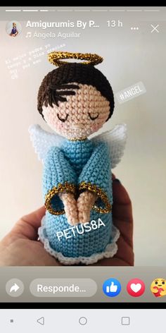 a hand holding a tiny crocheted angel doll with the caption's name on it