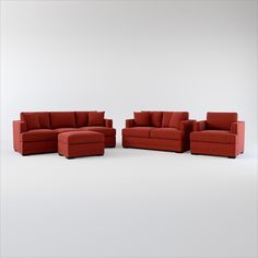 a red couch and chair sitting next to each other on a white floor with an empty wall in the background