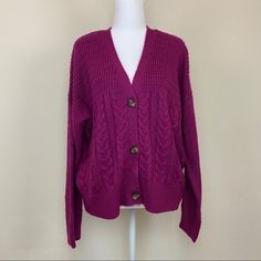 Splendid, Magenta Knit Cardigan/Sweater. Button Down Front. New With Tag. Approximate Measurements Shown On Pictures. Accept Reasonable Offers. Knit V-neck Sweater With Buttons For Fall, Trendy Button-up Knit Sweater, Fall Knit V-neck Sweater With Button Closure, Button-up Knitted Sweater For Layering, Knitted Button-up Sweater For Layering, Oversized Knit Sweater With Button Closure, Trendy Knit Sweater With Buttons, Knit V-neck Button Sweater For Fall, Fall Cable Knit Button-up Cardigan