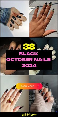 Black Cherry Nails Acrylic, Black October Nails, October Nails Almond, October Nails 2024, Black Almond Nails, Ombre Nail Art Designs, Black Stiletto Nails, Witchy Nails, Cute Short Nails