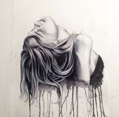 a drawing of a woman's head with long hair and dripping paint on it