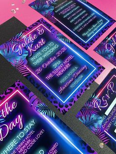 three different types of wedding stationery with neon lights and palm leaves on them, all in purple and blue