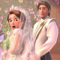 the princess and the frog are standing next to each other in their wedding gowns