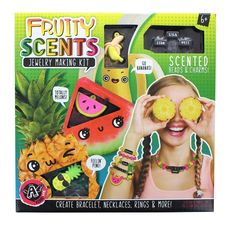 the fruity cents jewelry making kit includes pineapples, bananas and other fruits