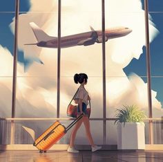 a woman with luggage is walking towards an airplane in the sky and clouds behind her