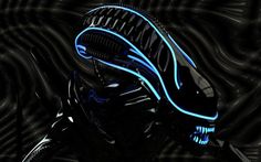 a black alien with blue neon lights on it's face