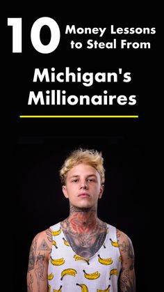 a man with tattoos on his face and chest standing in front of a black background text reads 10 money lessons to steal from ohio's millionaires