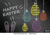 chalk drawing easter eggs hanging from strings with the words happy easter written in it on a blackboard