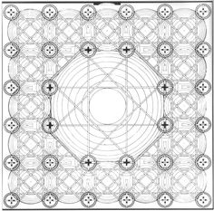 an intricate design in black and white, with the center circle surrounded by smaller circles