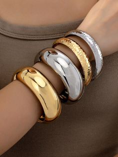 1 Pc Golden Silver Color Chunky Oversized Metal Cuff Bangle Arm Cuff For Women Multicolor Fashionable   Iron     Women Fashion Jewelry, size features are:Bust: ,Length: ,Sleeve Length: Gold Chunky Bracelets, Trendy Jewelry 2024, Big Bangles, Chunky Bangles, Silver Arm Cuff, Golden Bangles, Chunky Gold Bracelet, Chunky Accessories, Layered Bangles