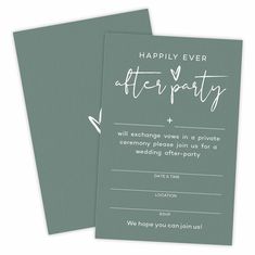 two wedding cards with the words happily ever after party written in white ink on them