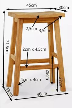 a wooden stool with measurements for it