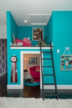 there is a loft bed with a ladder in the room