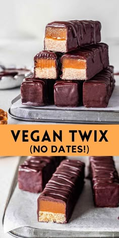 vegan twix bars stacked on top of each other with text overlay