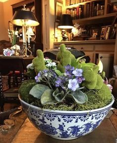 a blue and white bowl filled with plants on top of a wooden table in front of a book shelf