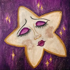 a painting of a woman's face with stars around her eyes and nose on a purple background