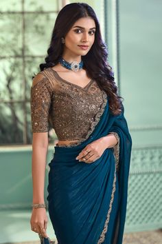 Teal Blue Saree, Blue Georgette Saree, Reception Cocktail, Bridal Lehenga Designs, Engagement Reception, Female Dress, Teal Fabric