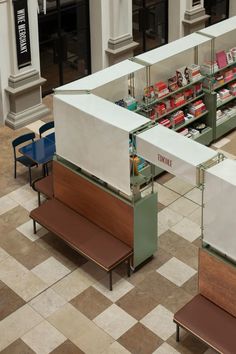 an overhead view of the inside of a store with benches, tables and other items