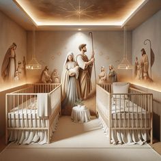 a baby's room with cribs and paintings on the walls, including jesus in his crib