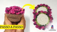 crocheted basket with flowers in it and the words passo a paso written below