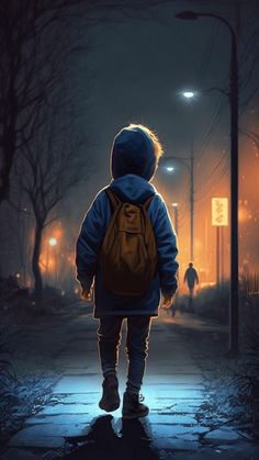 a person walking down a street at night with a backpack on his back and the light from behind them