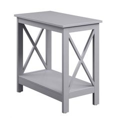 the side table is painted gray and has an open shelf