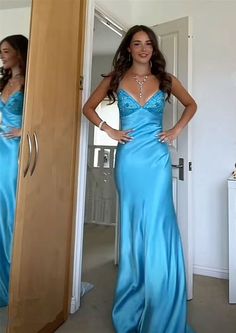 Elegant V-neck Spaghetti Memriad Long Prom Dress cg25185 – classygown Satin Sleeves, 2021 Prom Dresses, Custom Bridesmaid Dress, Prom Ideas, Senior Prom, Pretty Prom Dresses, Prom Dresses Blue, Wedding Bridesmaid Dresses, Long Prom Dress