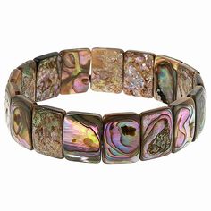 Kwan Collections Abalone Shell Stretch Bracelet  A swirl of iridescent colors and an easy-to-wear stretch design makes this abalone shell bracelet a great choice for chic, inspired dressing anytime! One size fits most.       Approx. 7-1/2"L x 1/8"W x 5/8"H; fits 6-7/16" to 8" wrist     Stainless steel     Bracelet has rectangular stations of abalone mother-of-pearl shell strung on stretchy jeweler's elastic   Stone Information       All sizes and weights approximate     Multicolor Abalone Mother Moodboard Jewelry, Abalone Shell Bracelet, Abalone Bracelet, Color Bands, Shell Bracelet, Pearl Shell, Abalone Shell, Inspired Dress, Steel Bracelet