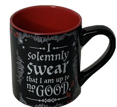 a black and red coffee mug with the words i solemnly swear that i am up to god