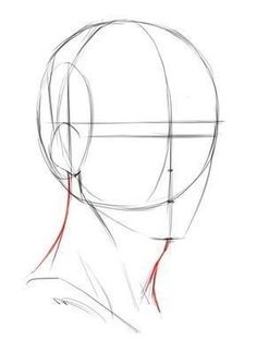 a drawing of the head of a person with long hair and red lines on it