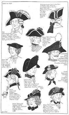 18th century hats america | 18th century Men's headwear 18th Century Hats, Historical Hats, 18th Century Costume, 18th Century Clothing, 18th Century Fashion, Pirate Hats, Century Clothing, Arte Sketchbook, Historical Costume